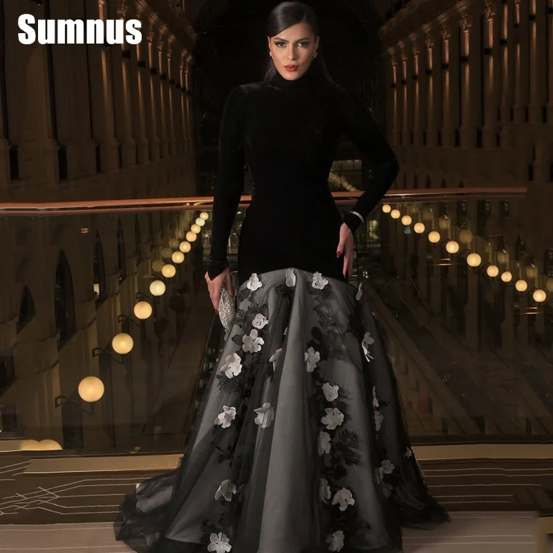 

Sumnus Black Velour A-Line Prom Dresses Elegant High Neck Evening Dress Floor Length Appliques Formal Gown Customized