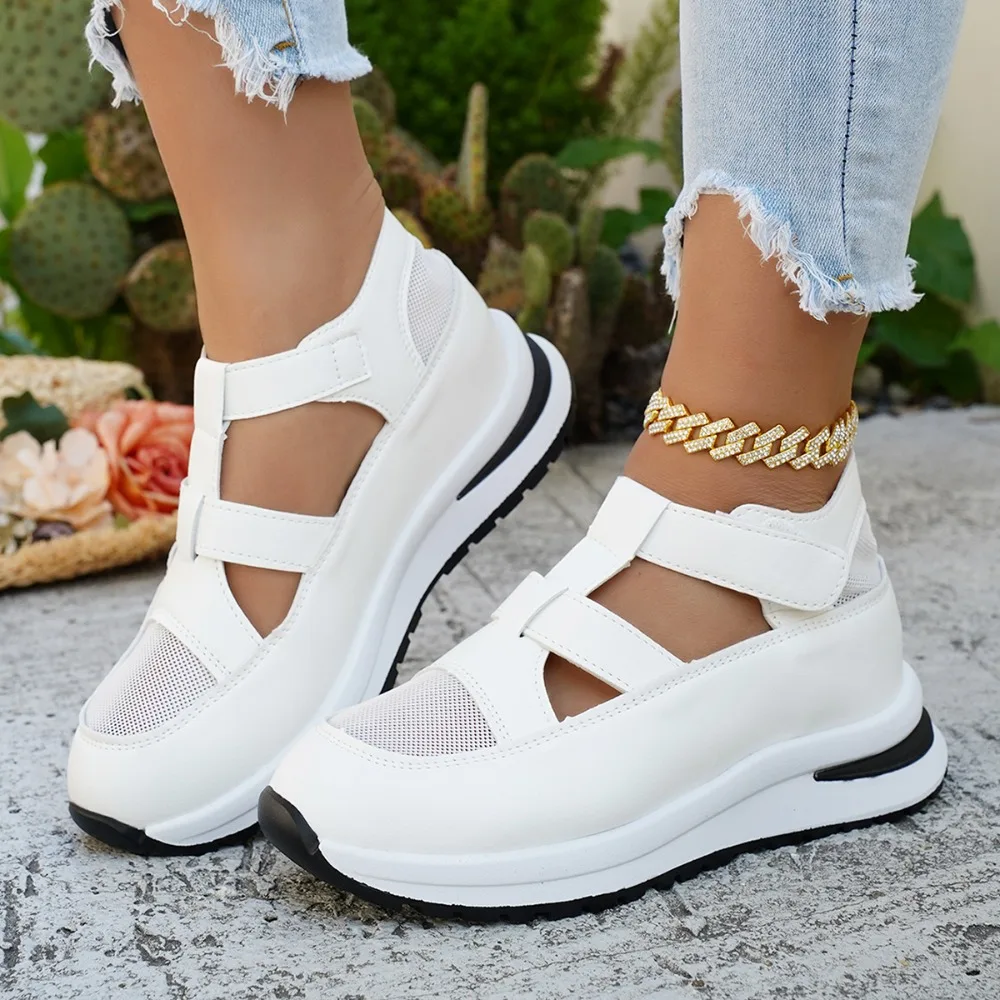 Women's Mesh Cutout Wedge Sneakers, Hook & Loop Ankle Strap Platform Shoes, Closed Toe Breathable Summer Walking Shoes