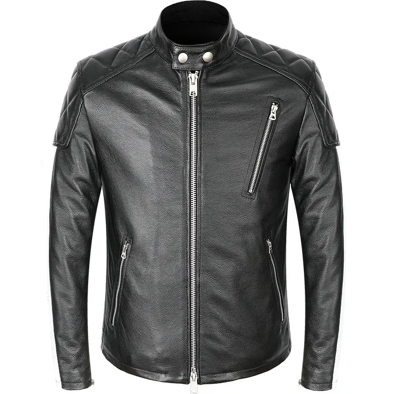 New Genuine Leather Jacket Men Motorcycle Cowhide Slim Street Fashion Man clothes BLack Biker Zipper Coat