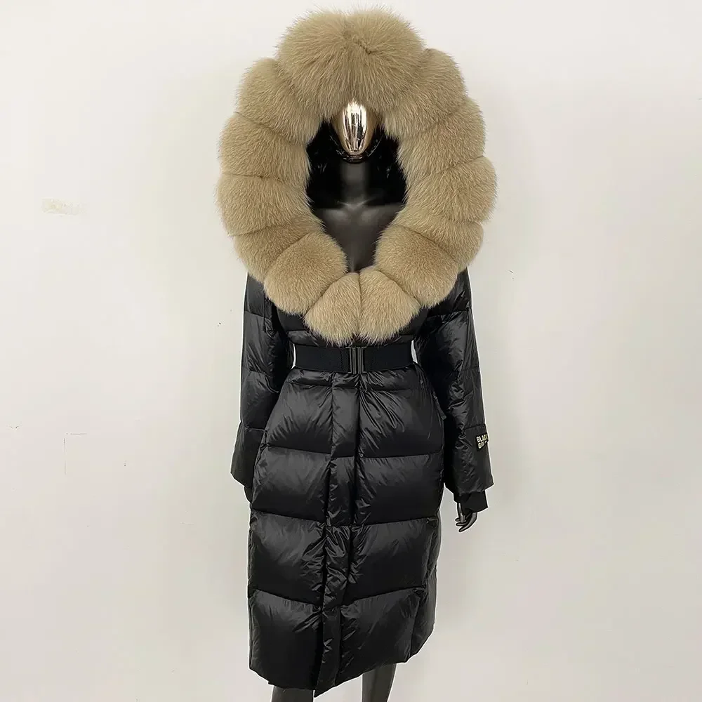 Piumino da donna invernale collo in vera pelliccia di volpe giacca di pelliccia con cappuccio cappello autunnale spesso staccabile x-lungo piumino d'anatra bianco overwears
