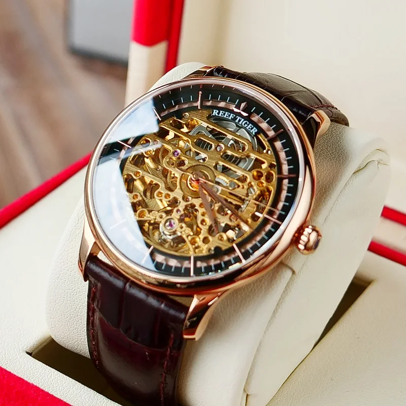 Reef Tiger For Mens Watch Skeleton Transparent Dial Male Automatic Mechanical Wristwatch Sapphire Crystal New Relogio Masculino