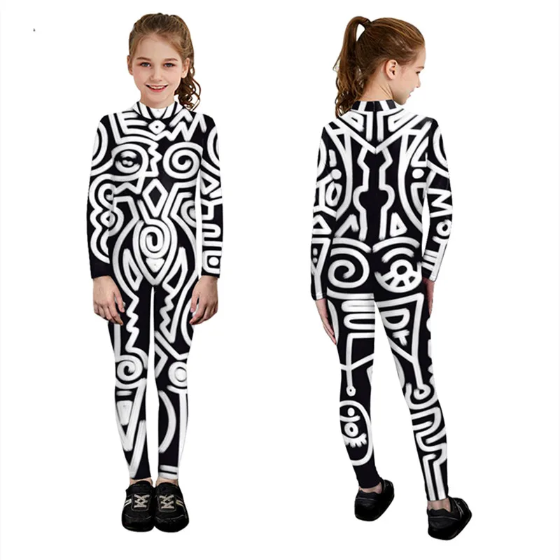 

Children Cosplay Costume Geometry Print Jumpsuit Boys Girls Suit Halloween Holiday Party Bodysuit Black White Funny Kids Clothes