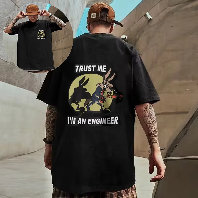 25-26 تي شيرت ممتع ثق بي، أنا مهندس مطبوع 100% قطن Y2k ملابس رياضية كلاسيكية للرجال والنساء تي شيرت كامل