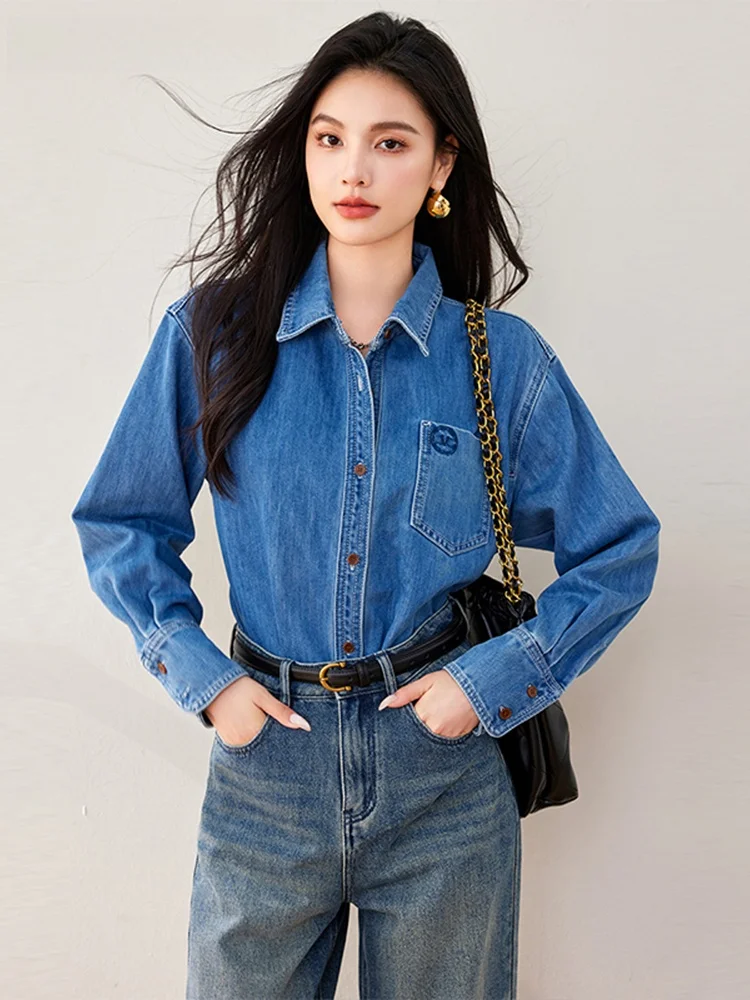 

La Chapelle Embroidered Denim Long Sve irt Women Casual Loose Slimming irt Autumn New Sle Cotton Polyester Blend