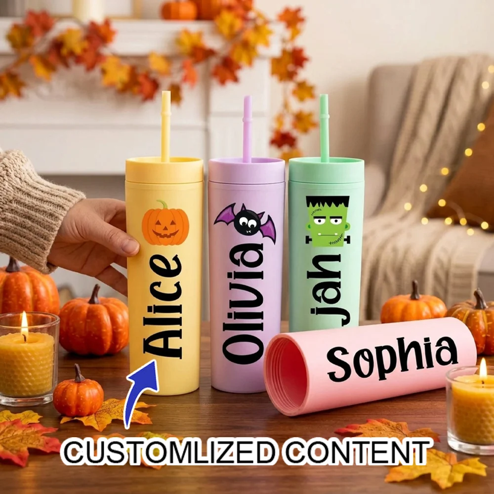 Custom Name Halloween Skinny Tumbler With Straw, Cute Pumpkin Bat Frankenstein Print, Cute Kids Halloween Birthday Gift.