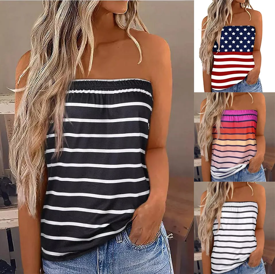 Hot Selling Summer Women's T-shirt Strapless Neck Off-shoulder Sexy Striped Top Casual High Street Hot Girls Sleeveless Tees