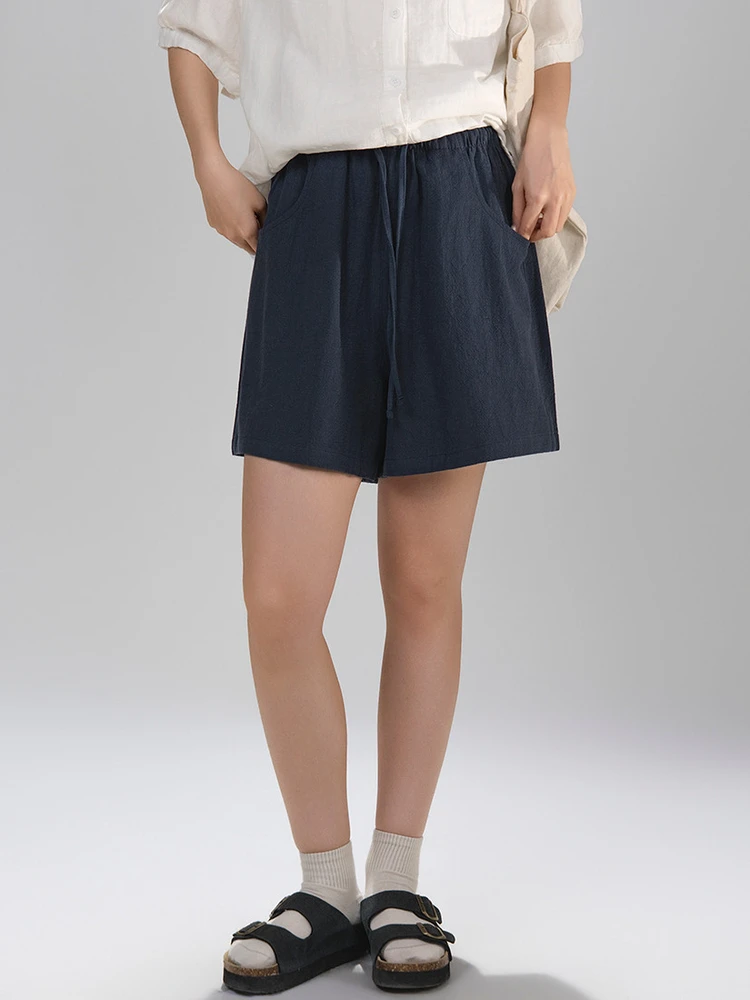 

Retro High Waist Wide Leg Short Pants Women's Art Wild Series 530 Japanese Style Linen Cotton Blend Dark Blue A-Line