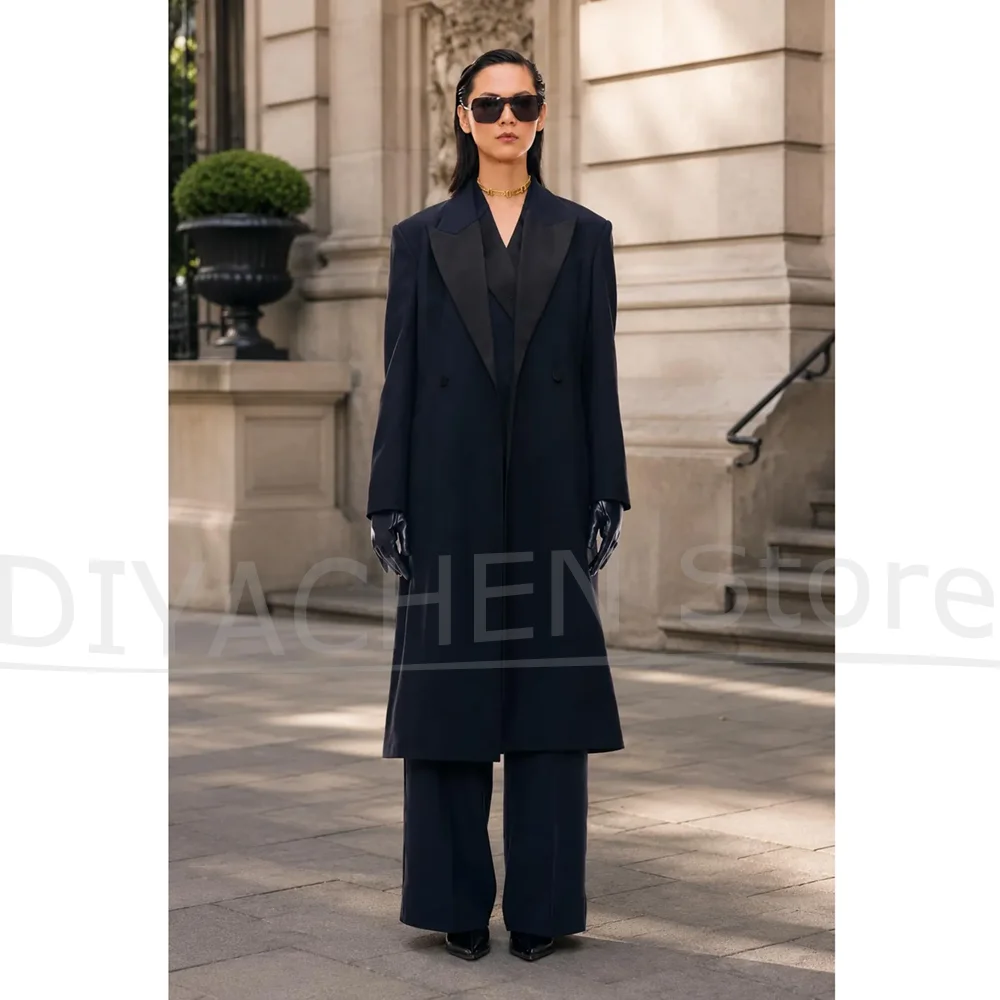 Women Long Tuxedo Suit Satin Peak Lapel Double Breasted Blazer Vest Pants Elegant Formal Wedding Party Lady Suits 3 Piece