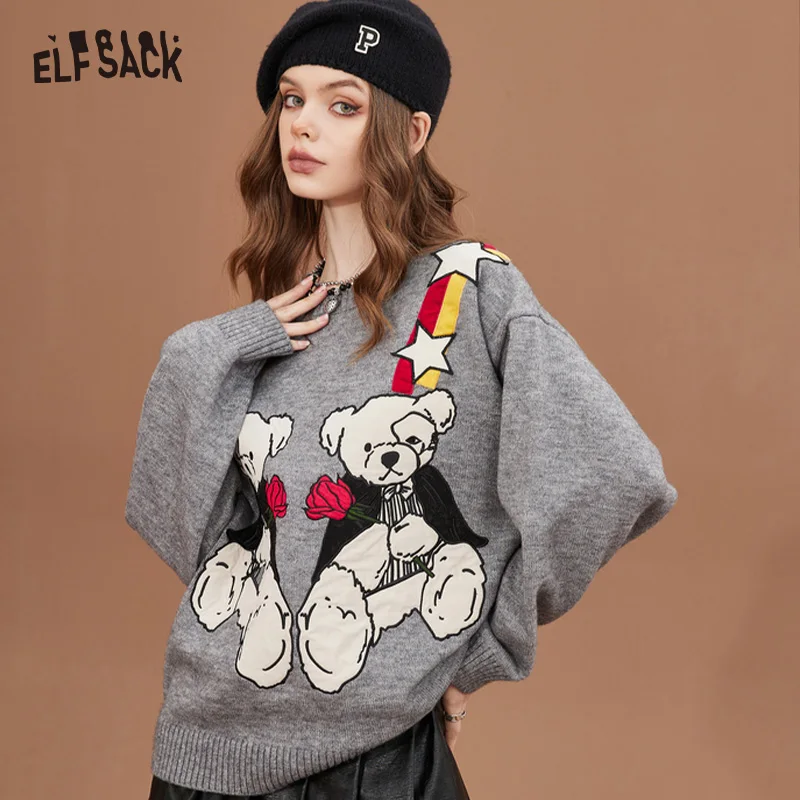 ELFSACK Kawaii 2000s Gray Pullover Sweaters Women Autumn/Winter New Tops