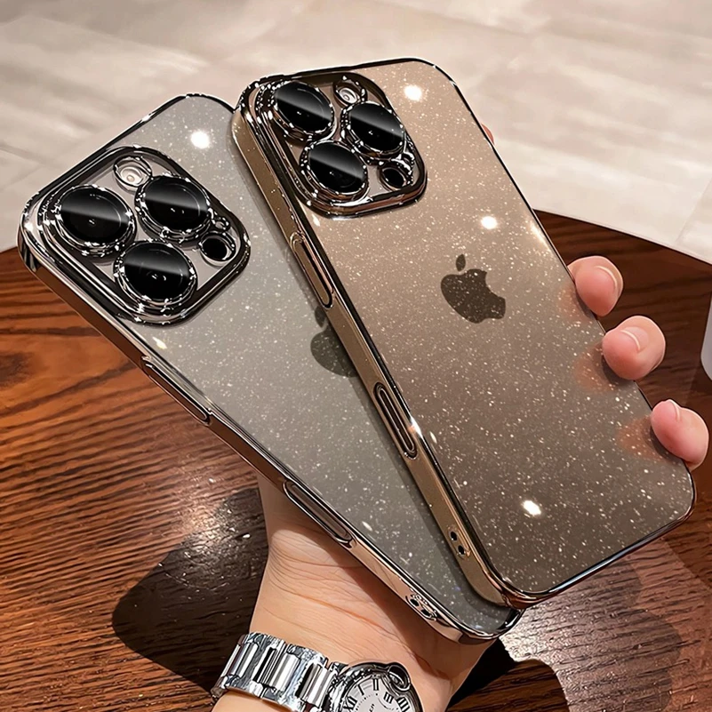 

Pop Luxury Glitter Transparent PC Plating Case For IPhone 17 16 15 14 Pro Max Plus 13 11 12 Bling Clear Shockproof Ultra Slim C