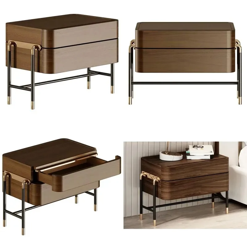 Modern Wooden Bedside Table with Drawers Black Gold Metal Legs Walnut Decorative Nightstand Bedroom Furniture Storage Cabinet
