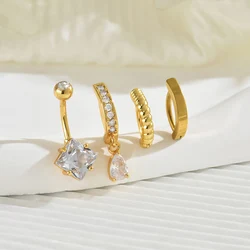 4Pcs Surgical Steel Piercing 14G Belly CZ Button Ring Reverse Curved Navel Ring Women Bar Length Barbell Piercing Body Jewelry