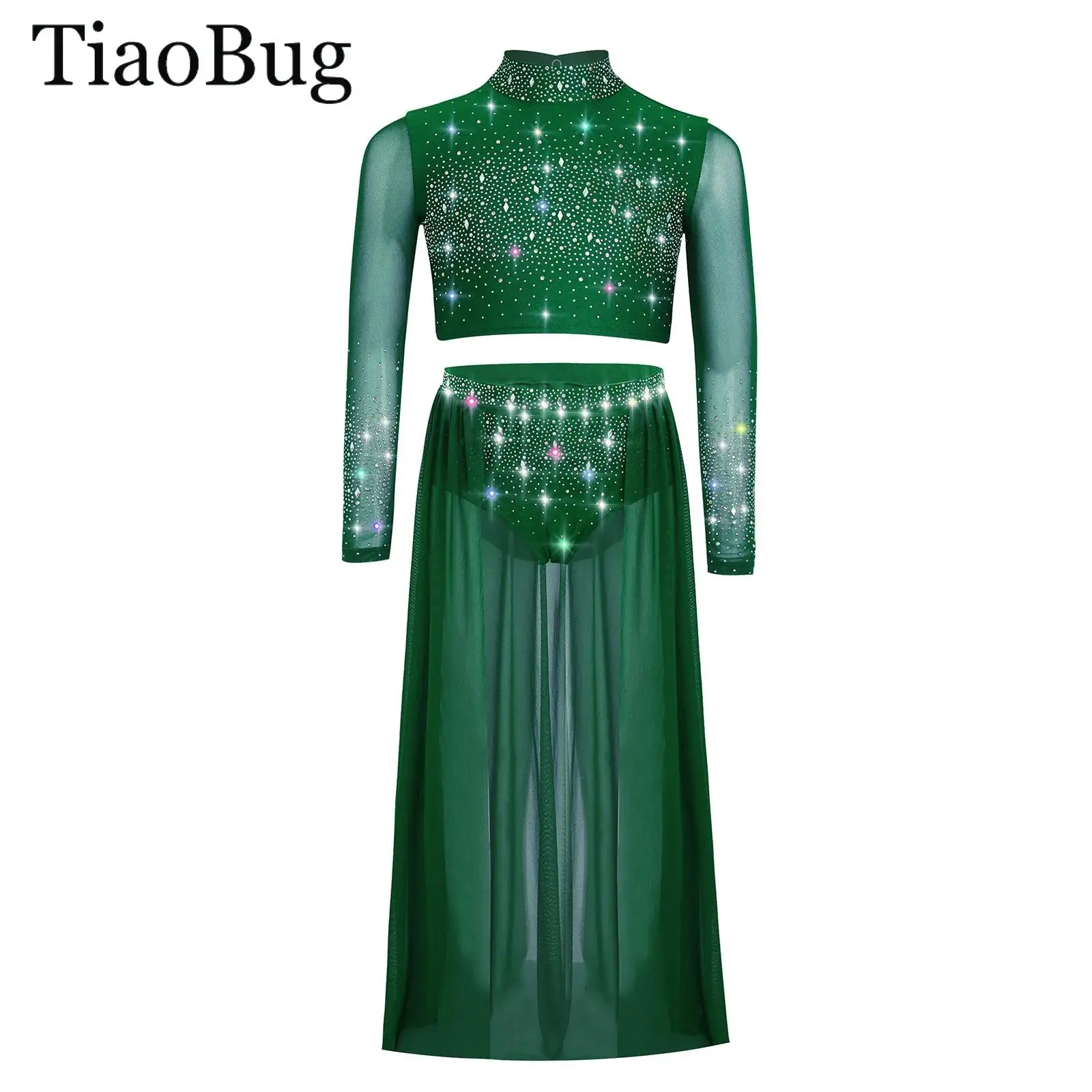 ملابس رقص غنائية للفتيات بأكمام طويلة من حجر الراين مع تنورة شبكية شفافة مجموعة ملابس رقص باليه وجاز معاصرة للتزلج