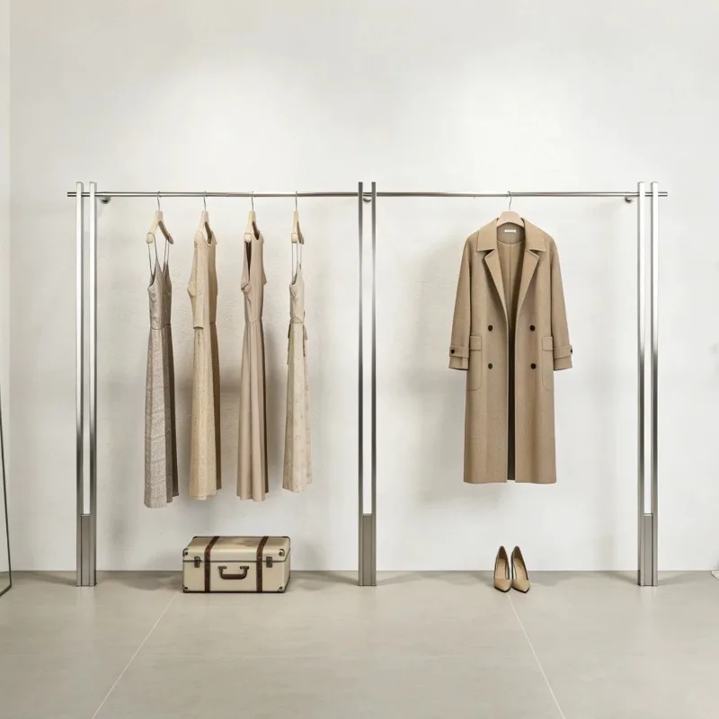 Clothing store display rack High-end women's clothing store upper wall Korean-style hanger brushed stainless steel floor-to-ceil