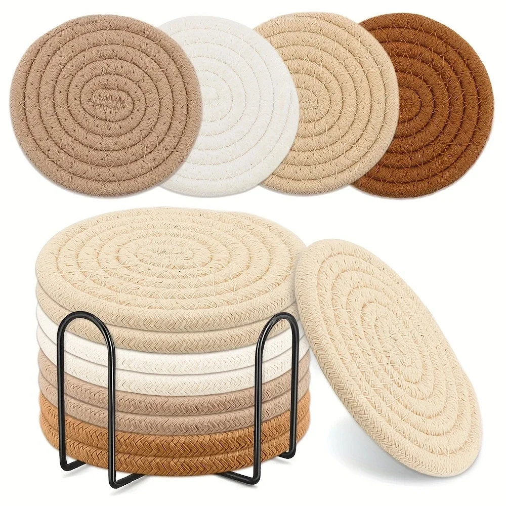 

8pcs Woven Coaster Set with Holder High-Temperature Resistant Cup Coasters Absorbent Coasters for Coffee Tea Drinks