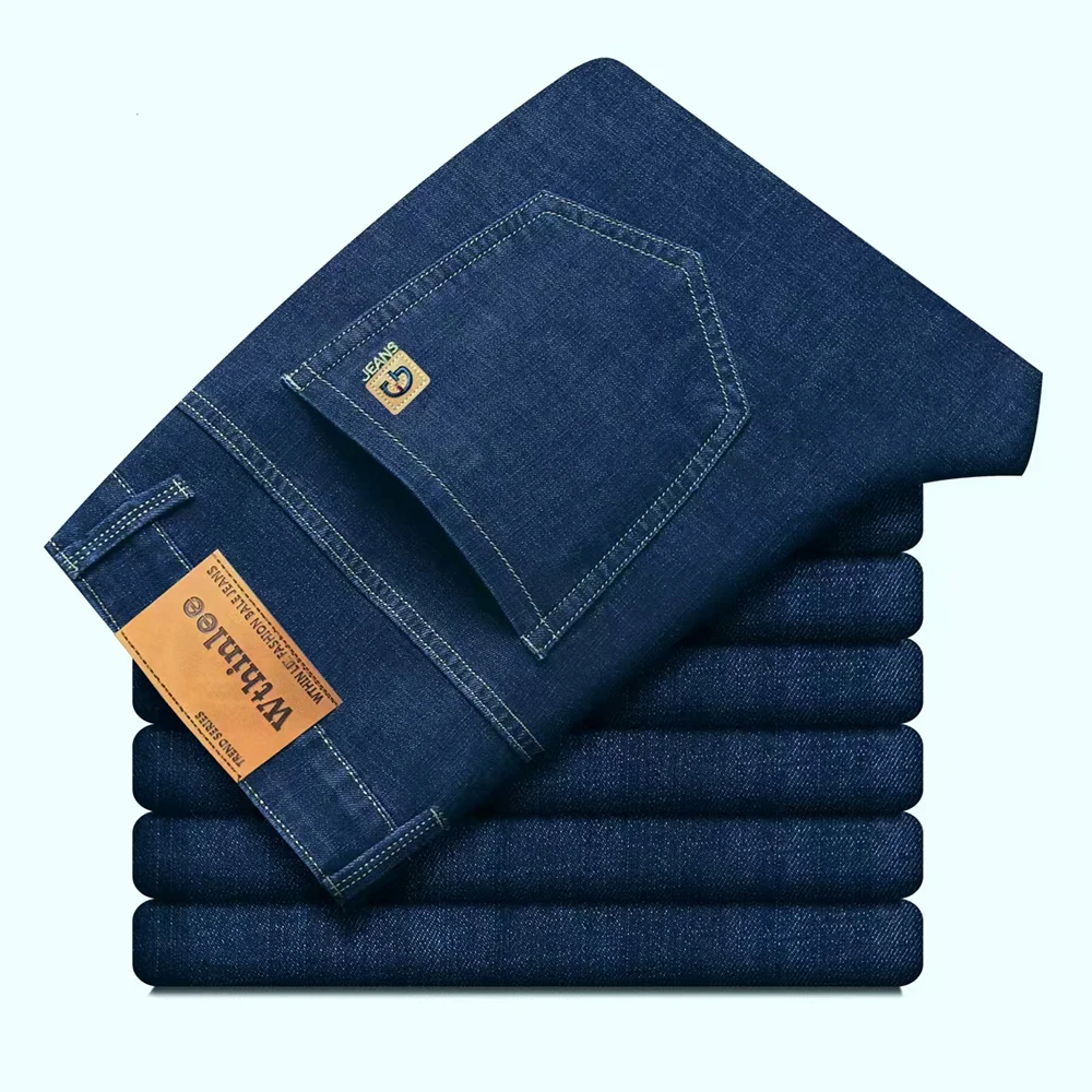

Wthinlee Autumn Classic Men's Fitted Stretch Jeans Business Casual Cotton Denim Straight Leg Pants Male Black Blue Trousers