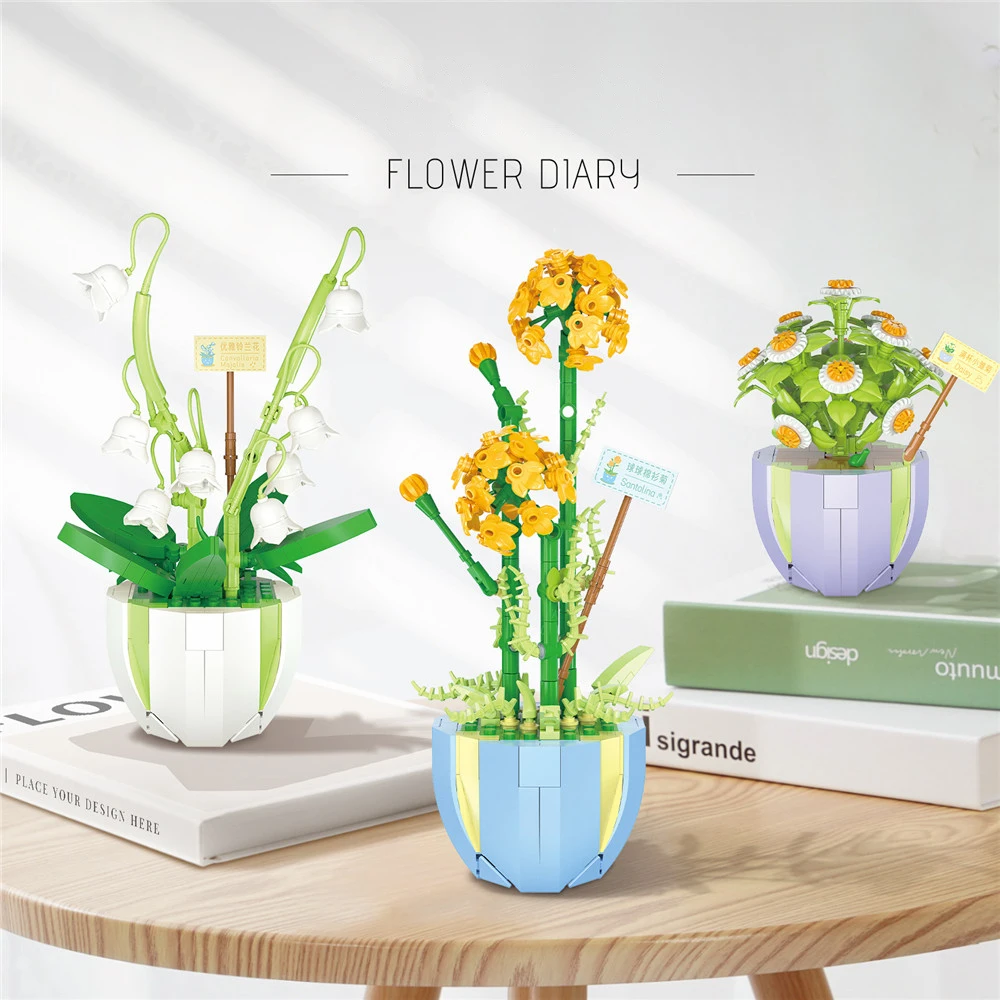 子供のためのミニ花のビルディングブロック,緑の植物の花束,家の装飾,女の子のおもちゃ,ギフト
