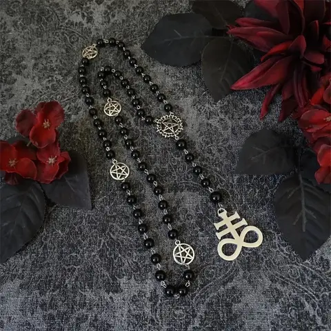 Black Unholy Satanic Rosary Baphomet 666 Brimstone Leviathan Cross Metal Inverted Pentagram Gothic Necklace Occult Satan Jewelry