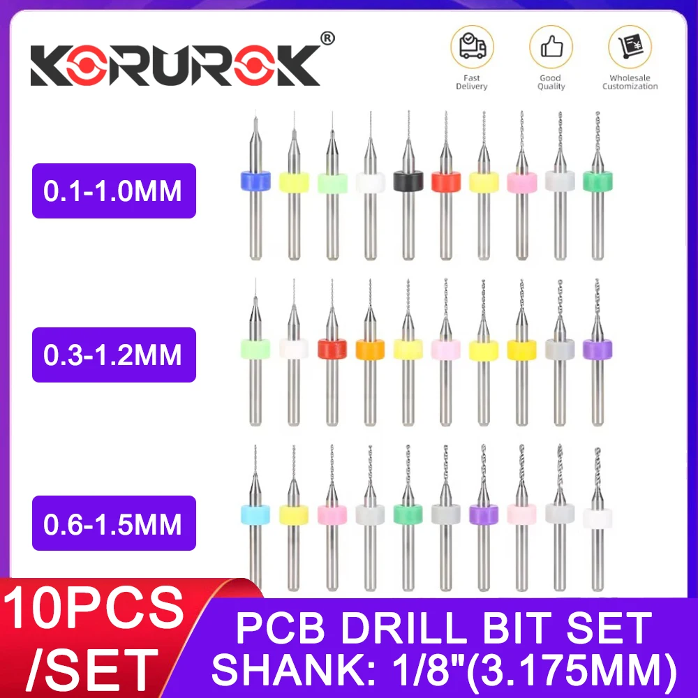 KORUROK 10pcs PCB Drill Bit Carbide Micro Tungsten Steel CNC 0.1-3.0mm Drill for Printed Circuit Board 1/8