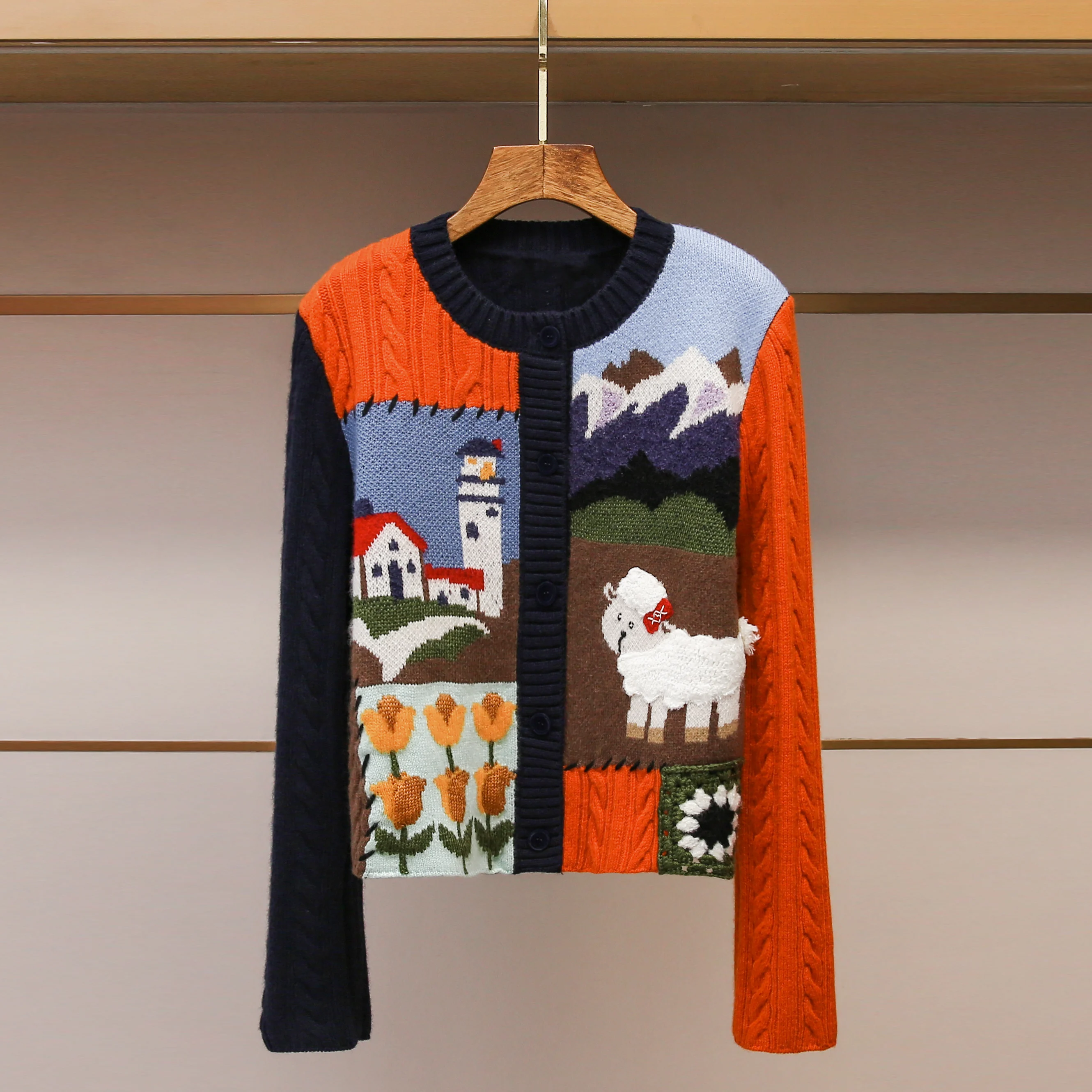 

Элитный женский вязаный кардиган с пейзажным пэчворком, длинными рукавами, круглым вырезом, открытым передом, винтажный стиль, средней мягкости