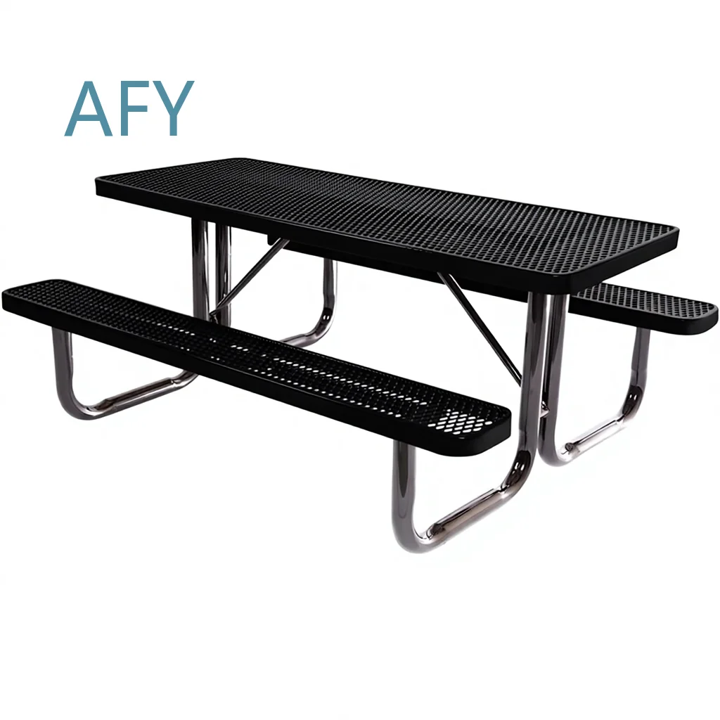 Modern Minimalist Outdoor Picnic Table and Chair Set for Heavy Duty Use with Umbrella Hole Hot Dip Galvanized Steel Portable