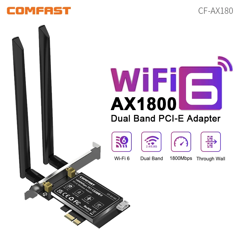 COMFAST AX180 1800Mbps WiFi 6 PCI-E Wireless Adapter 2.4G&5.8GHz Bluetooth 5.2 Network Card 2*5dBi Antennas for Desktop Win10/11