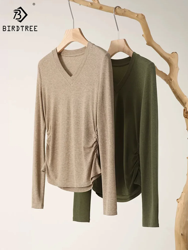 

BirdTree Contain Wool Blended Knitwear for Women, V-neck Long Sleeve, Elegant Fashion OL Tops, 2024 Spring New Sweater T41873QM