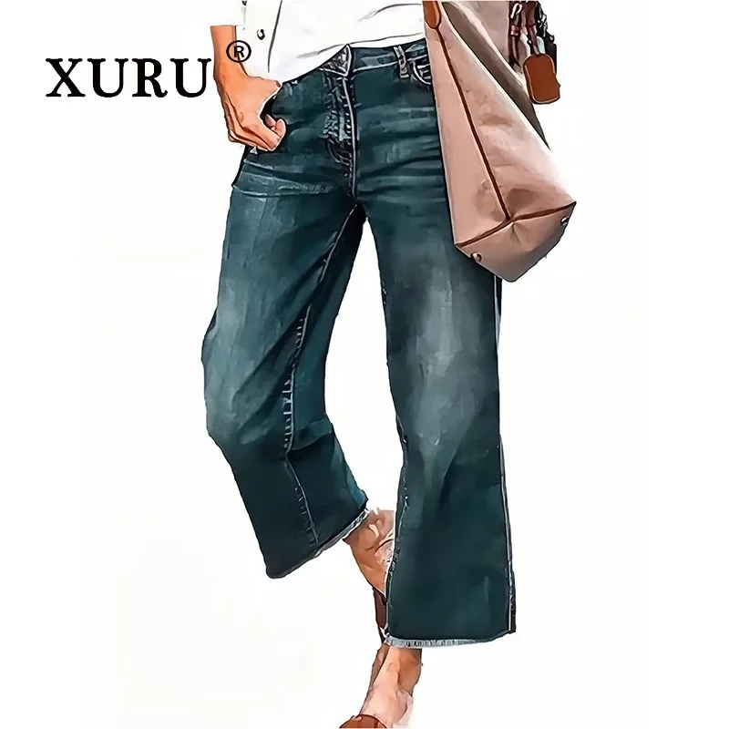 

XURU - New Women's Retro Loose Cat Whisker Horse Chestnut Jeans,y2k Clothing Heavy Industry Denim 9-inch Pants Jeans,men's Pants