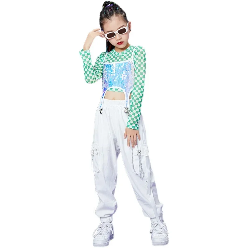 Traje de actuación de Jazz moderno para niños, ropa de escenario, disfraces de baile de Hip Hop para niñas, chaleco de lentejuelas, pantalones blancos, 2024