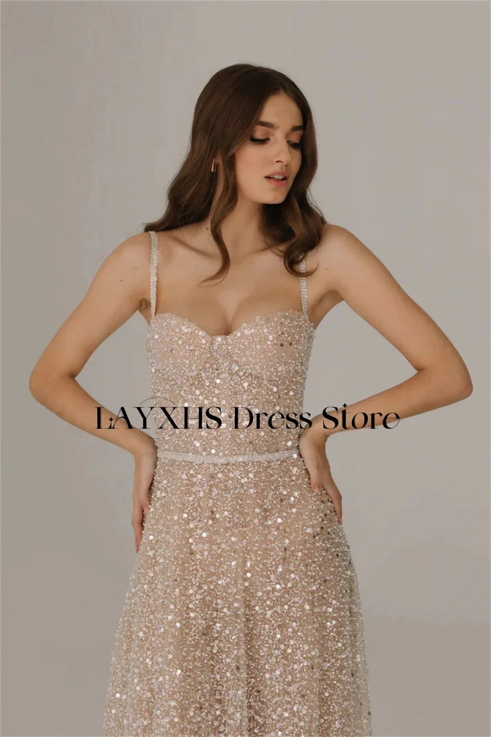 LAYXHS Moda Spalline Abiti da sera Paillettes Pizzo A-Line Piega Abiti da ballo Abiti personalizzati de soirée