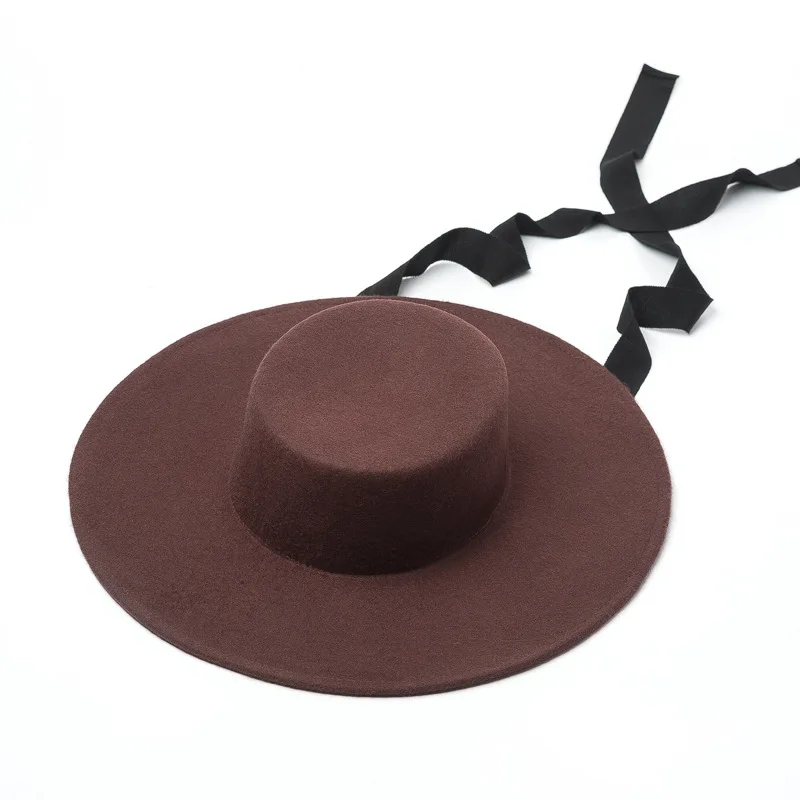 Autumn Winter New Fashion Simple Wool Wide Brim Flat Top Hat Women Wool Felt Strap Flat Top Hat