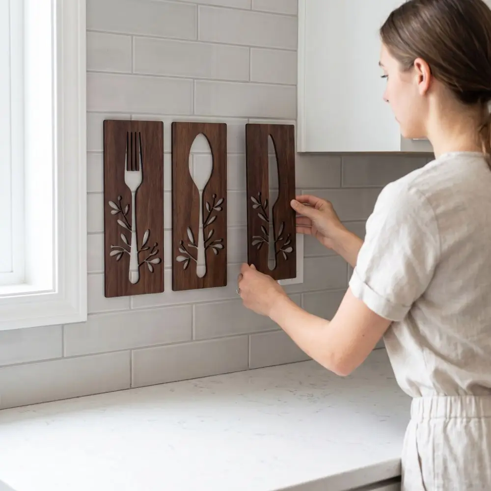 3pcs Fork Kitchen Utensil Wooden Ornament Spoon Decorative Wall Sticker Hangings Rustic Style Hollow Out Creative Wall Art
