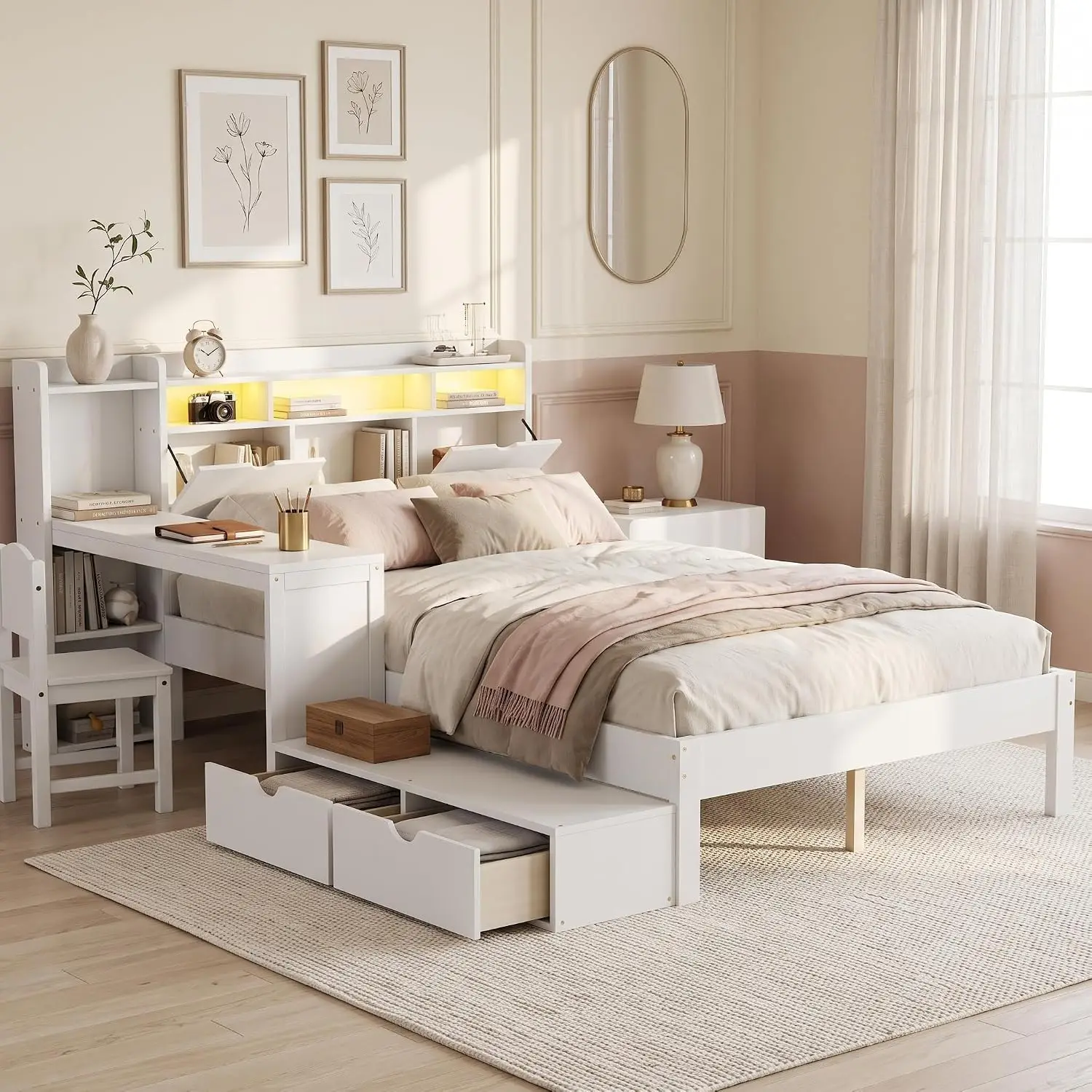 Full Size Platform Bed with Reversible Desk, Storage Headboard & Charging Station, Wood Frame, 2 Drawers, LED Lights, Customized
