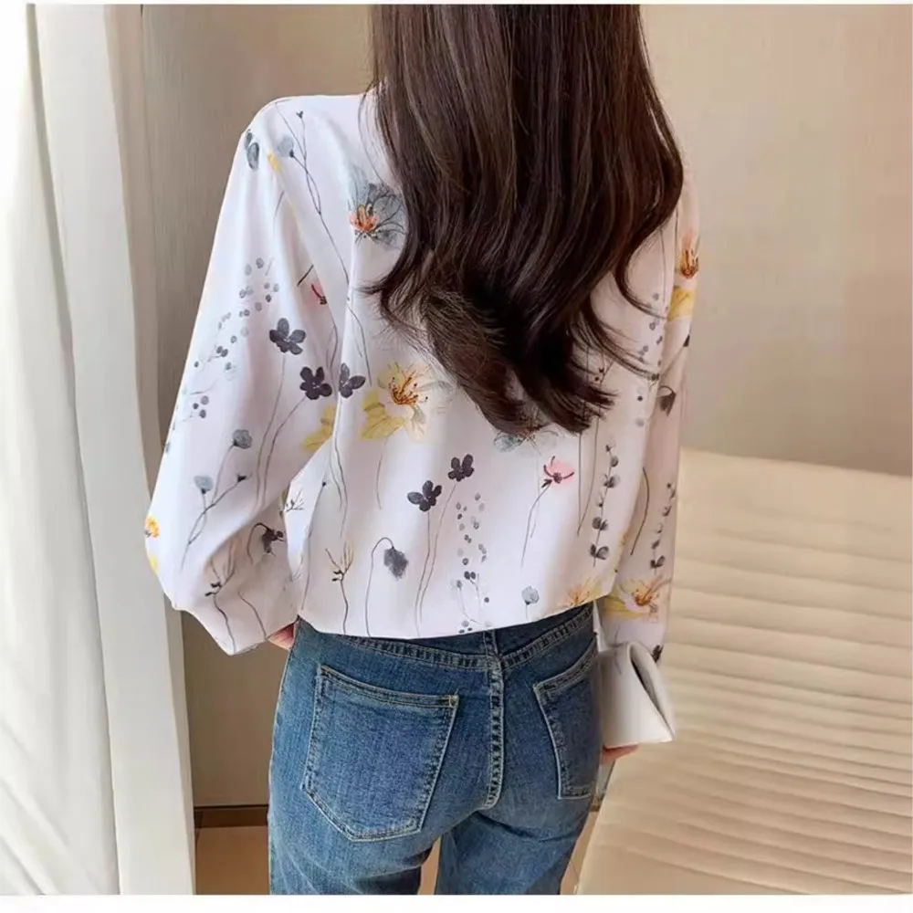 Office Lady Flower Turn Down Collar Cardigan Blouse 2024 Autumn Printed Long Sleeve Shirt For Women   Рубашка Женская Летняя