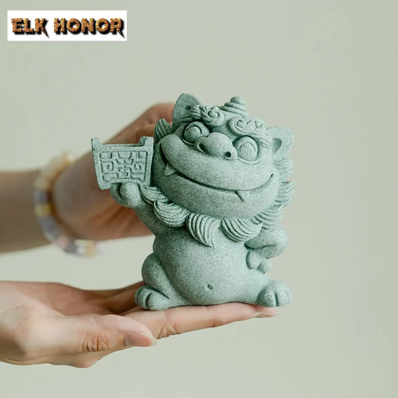 Green Sandstone Cute Little Lion Tea Pet Creative Handmade Lion Incense Holder Vintage Tea Figurine Chinese Tea Items Ornaments