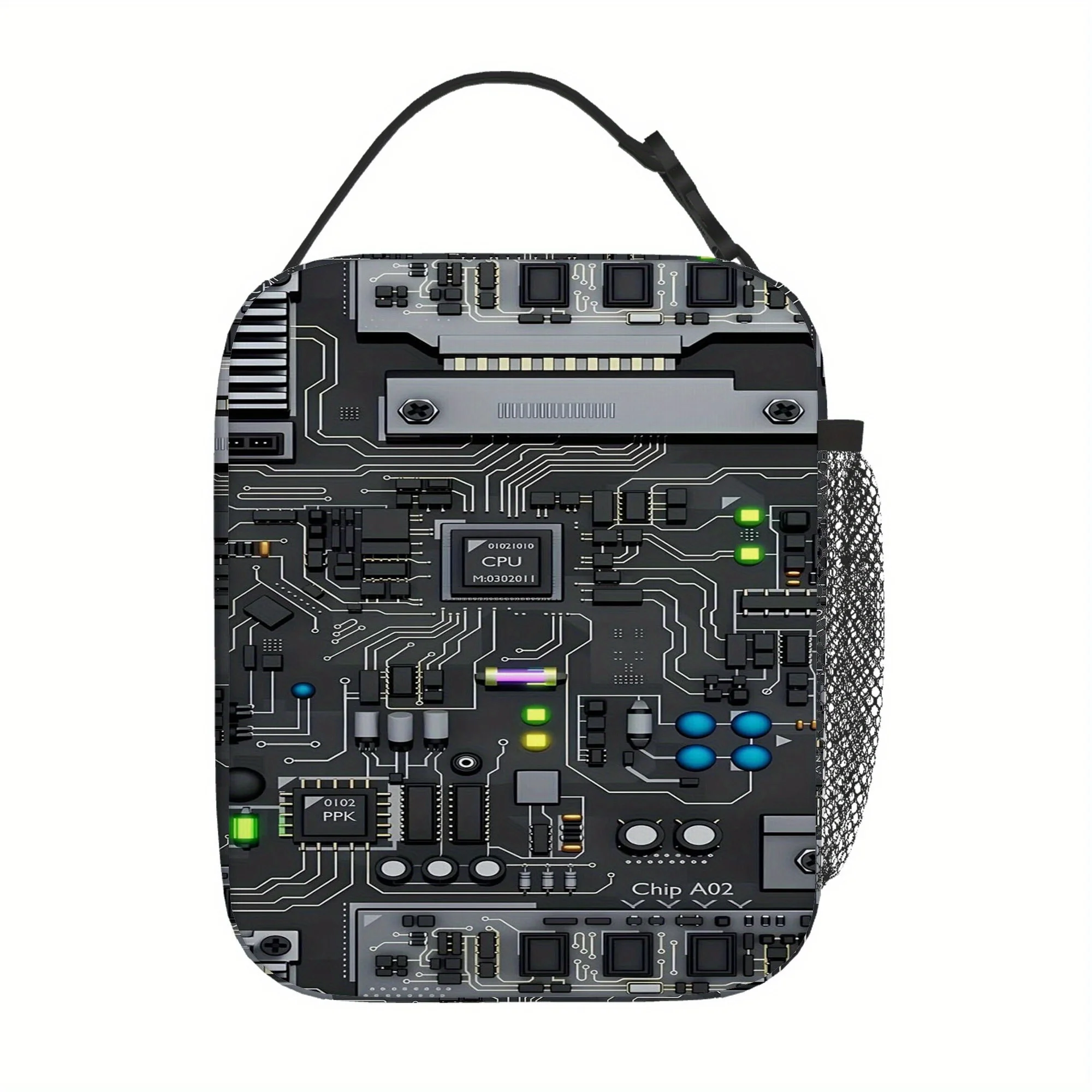 

Electronic Circuit Board with Components. A Printed Thermal Insulation Bag That Is Not Intended for Food Contact