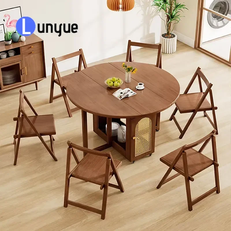 Foldable Round Wood Dining Table Set with Lockers 6 Piece Scandinavian Style Modern Furniture for Small Family Kitchen Space