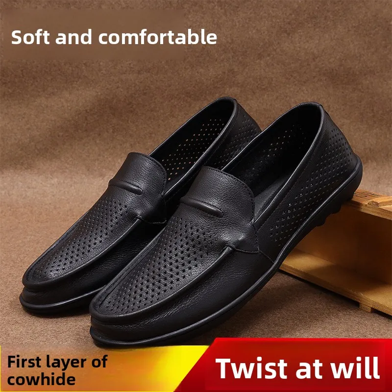 

Men's Hollowed Out Leather Shoes with Soft Sole Soft Top and Top Layer Made of Cowhide Men's Loafers New Comfortable Men's Shoes