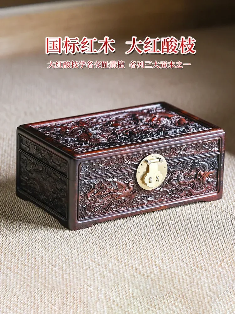 Jewelry box, retro red wood carving dragon and phoenix box, solid wood storage box with lock