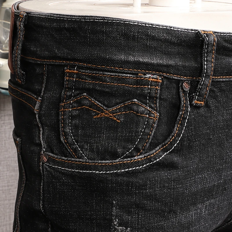 Fashion Designer Men Jeans Retro Black Gray Elastic Stretch Slim Ripped Jeans Men Distressed Hole Trousers Vintage Denim Pants