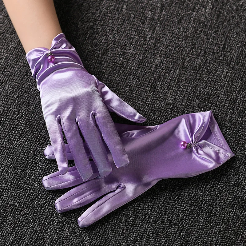 Multicolor Elegant Pearl Driving Mittens Bridal Wedding Banquet Accessories Women's Short Satin Elastic Etiquette Dress Gloves