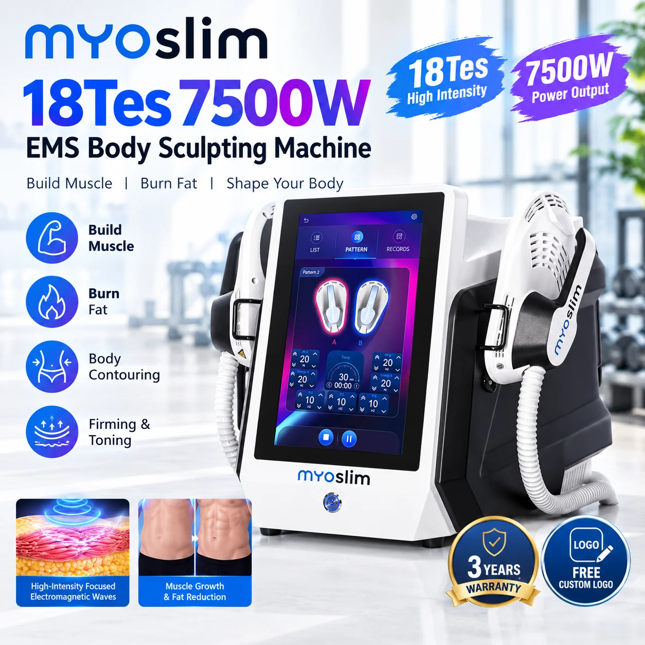MYOslim18Tesla 7500W NEO Electromagnetic Muscle Stimulation Therapy Machine for Body Slimming and Fat Burning