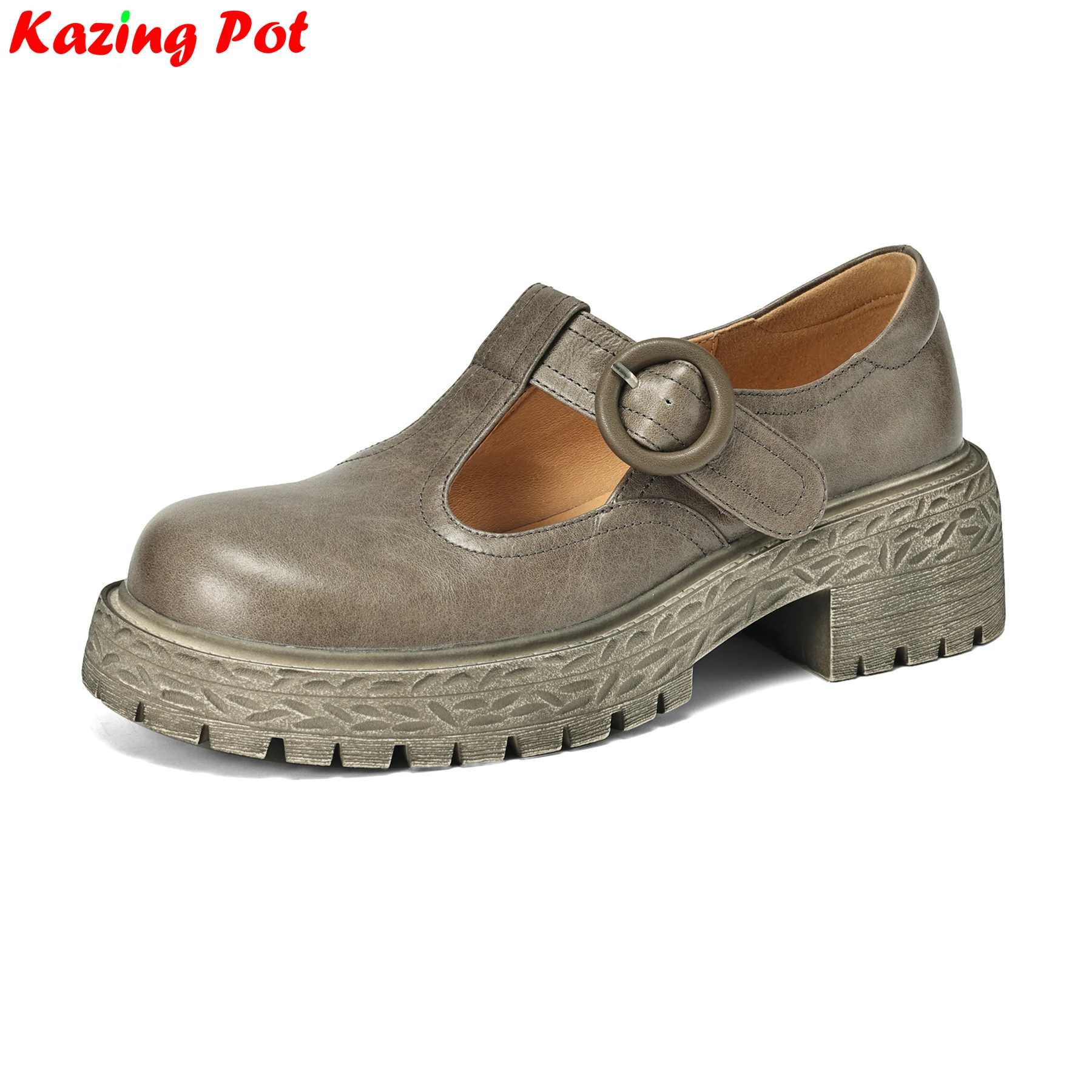 

Krazing Pot Cow Leather Round Toe High Heels Casual Spring Shoes T-strap Mary Janes Fashion Brand Platform Party Ins Women Pumps