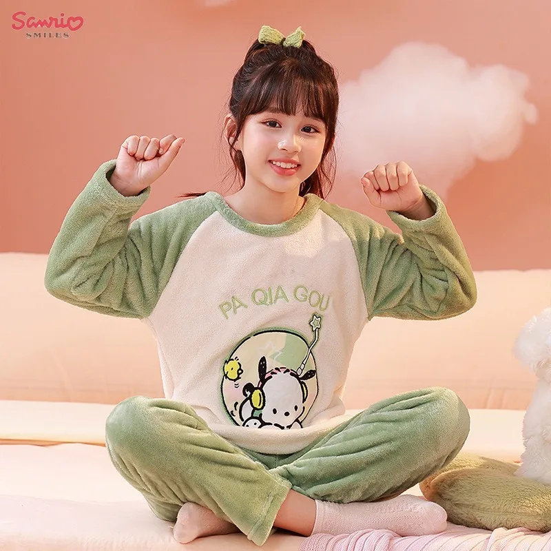 

Sanrio Autumn Girl Clothing Kuromi Cinnamoroll Children Pochacco Flannel Cotton Pajama Casual Anime Long Sleeved Pyjama Winter