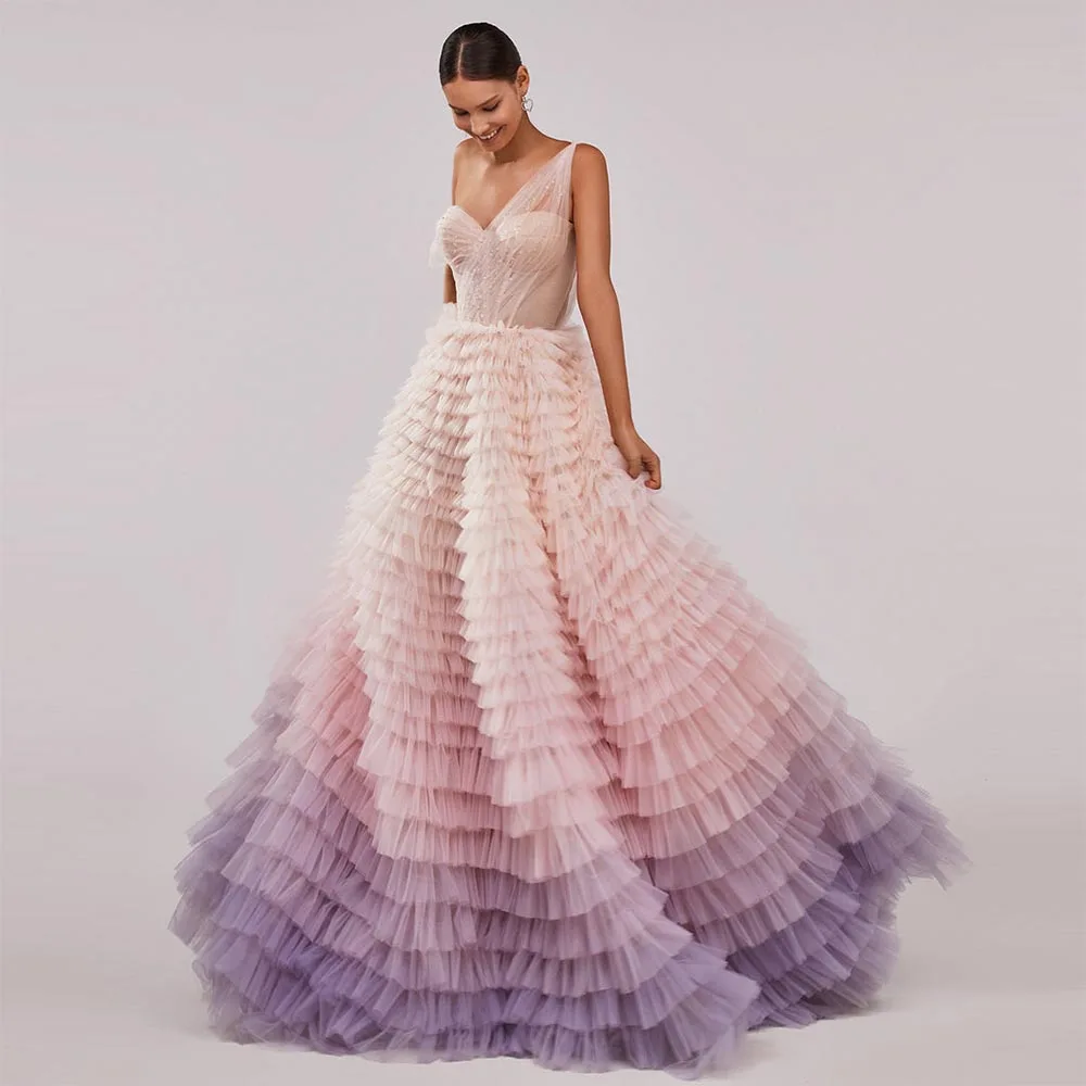 Sevintage Bunte Tiered Gekräuselte Tüll Prom Kleider Perlen Kristall Falten Geraffte Lange Abendkleider Hochzeit Party Kleid 2022