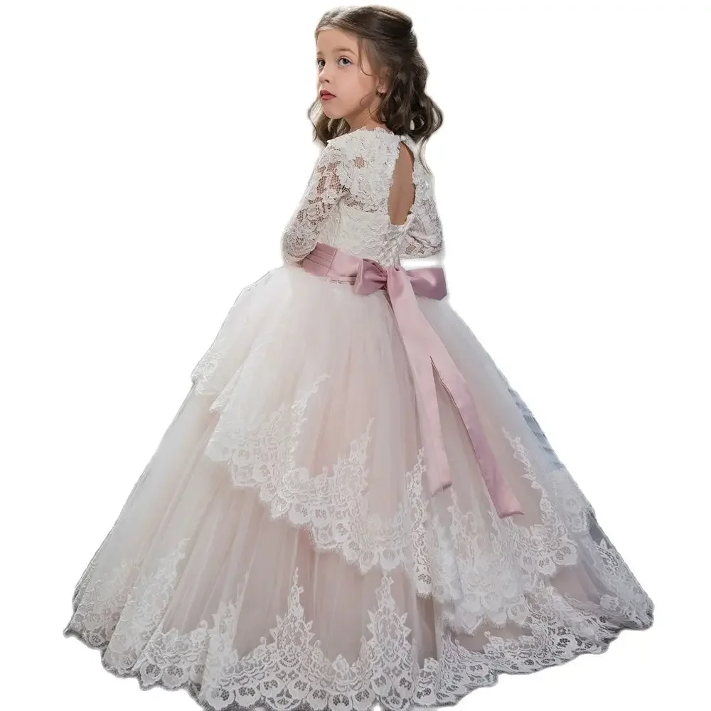 

New Arrivals Flower Girls Lace Appliques Cap Sleeve Ball Gowns Beading Floor Length Pageant First Communion Dresses Wedding Gown