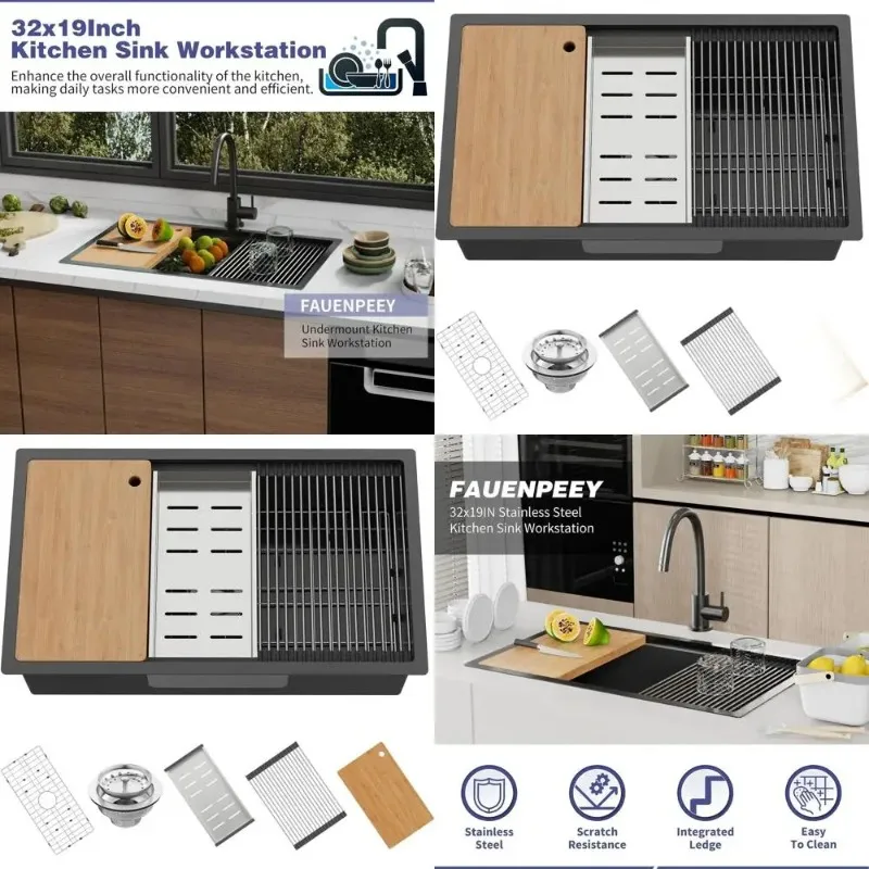 32x19 Stainless Steel Undermount Single Bowl Sink with Built-in Workstation and Accessory Options