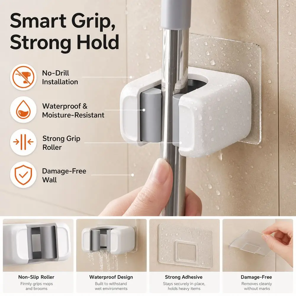 No Drill Installation Mop Holder Hook Waterproof Strong Adhesive Mop Wall Holder Wall Mounted Plastic Mop Clip Bathroom Storage