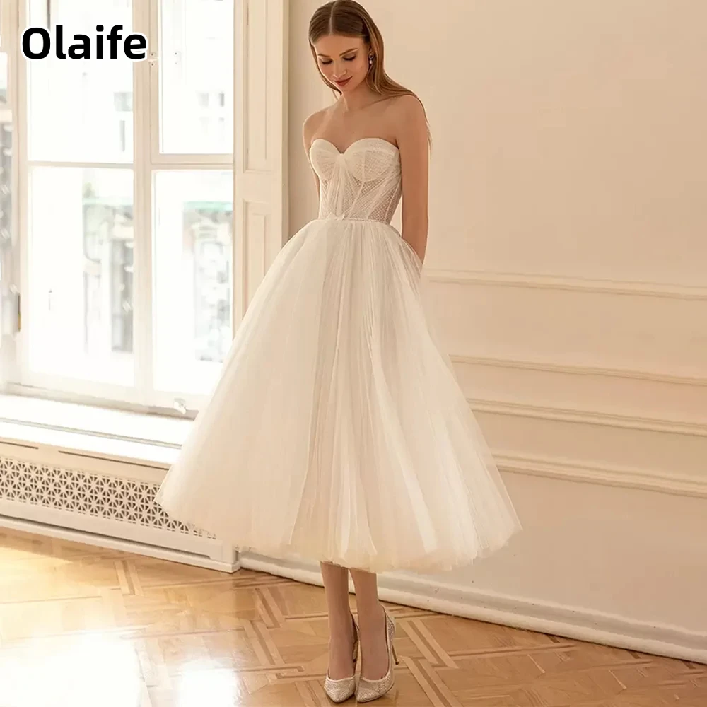 Olaife Sweetheart Short Wedding Dresses Sleeveless Tulle Simple Tea Length A-Line Bride Gowns Zipper Vestido De Novia