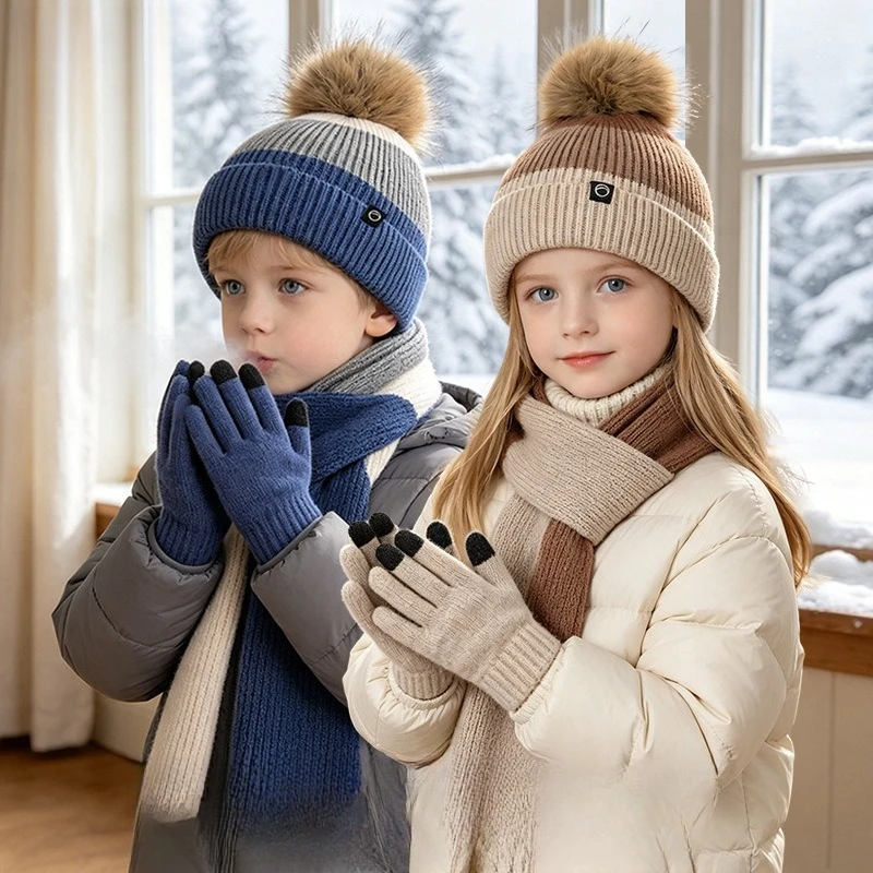 3Pcs Set Kids Knitted Hat Scarf Touch Screen Gloves Pom Pom Beanie Warm Neck Scarf for Boys Girls Winter Outdoor Snow Caps